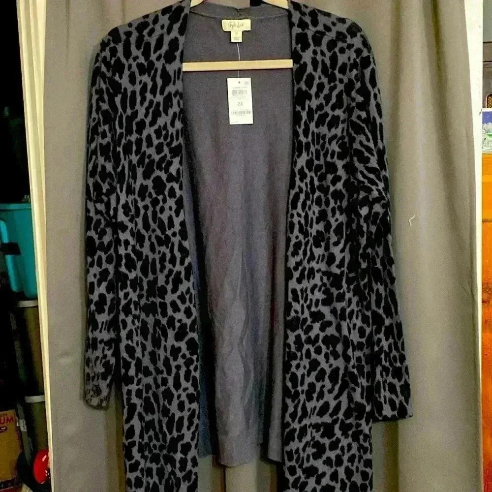 NWT STYLE & CO WOMENS SIZE 2X OPEN FRONT LIGHTWEIGHT SWEATER DUSTER‎ GRAY BLACK